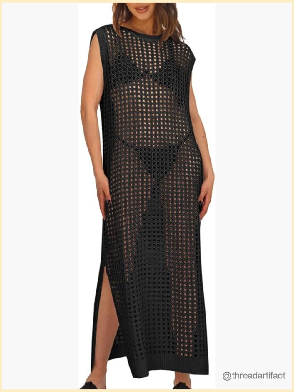 Crochet Swim Coverup Sleeveless Hollow Out Knit Maxi Side Split Beach Dress